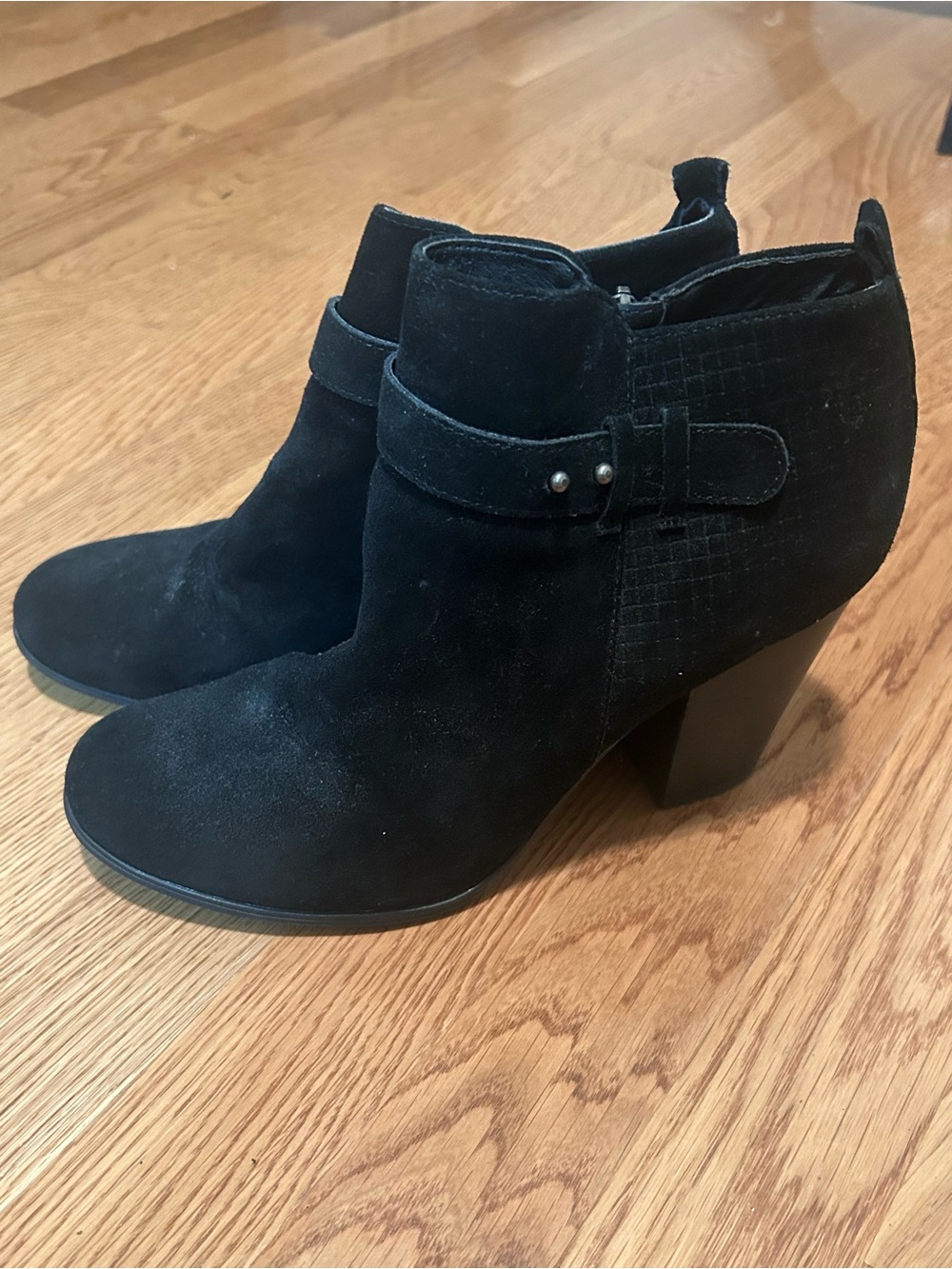 Michael Shannon Black Suede Ankle Booties with Strap Detail